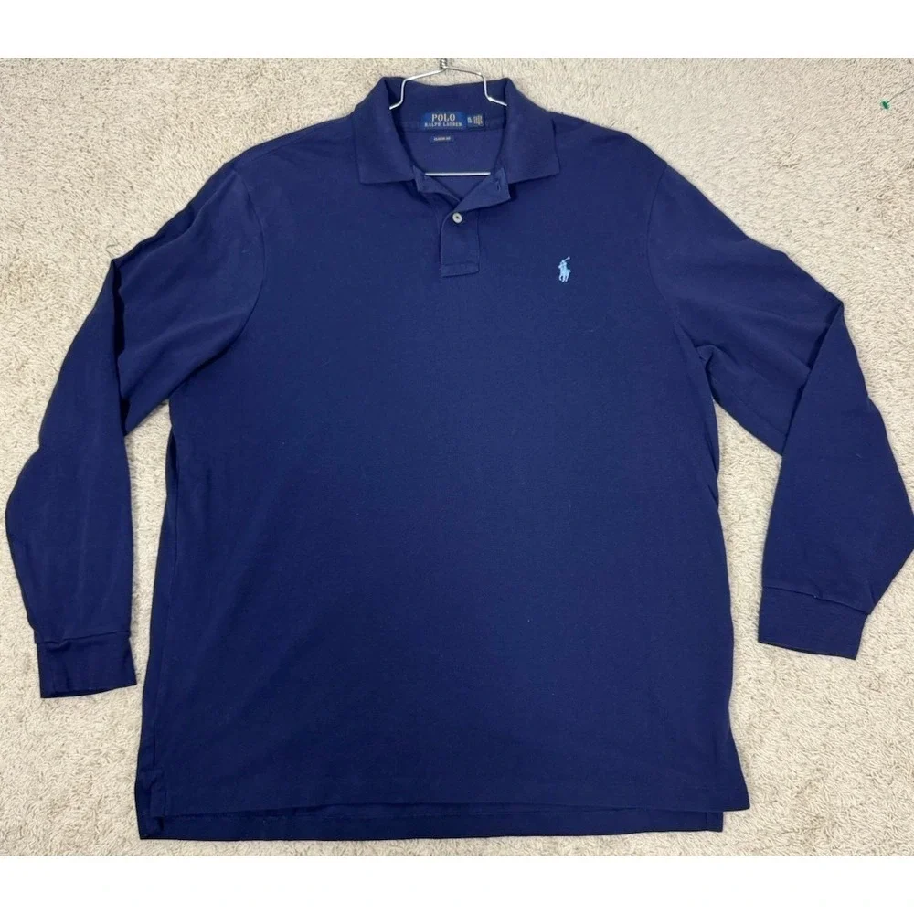 Polo Ralph Lauren Pique Knit Cotton Long Sleeve Classic Polo Shirt‎ Mens XL Blue